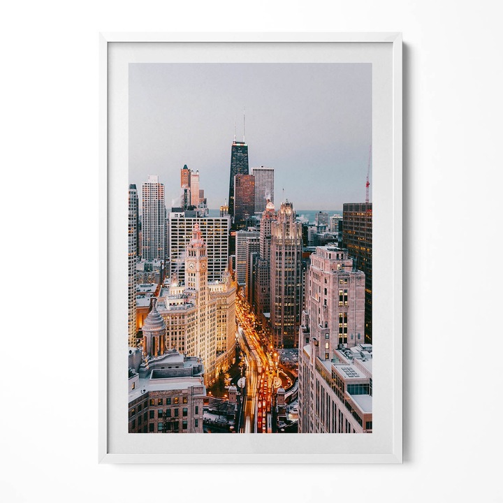 Tablou Inramat, Wallfluent, Panorama orasului mare seara, Rama alba, 70x100 cm, 010330010150100281234