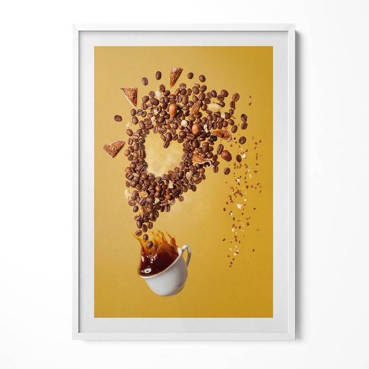 Tablou Inramat, Wallfluent, Fili zanka cafea si boabe abstractie, Rama alba, 70x100 cm, 010330010150100281232