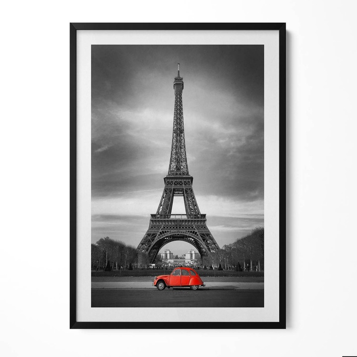 Tablou Inramat, Wallfluent, Masina rosie pe fundalul Turnului Eiffel, Rama negru, 70x100 cm, 010330010150200279876