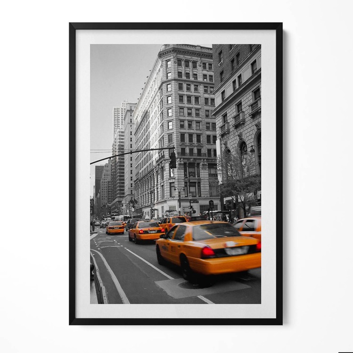 Tablou Inramat, Wallfluent, Trafic de taxiuri pe un bulevard din Manhattan, Rama negru, 70x100 cm, 010330010150200279875