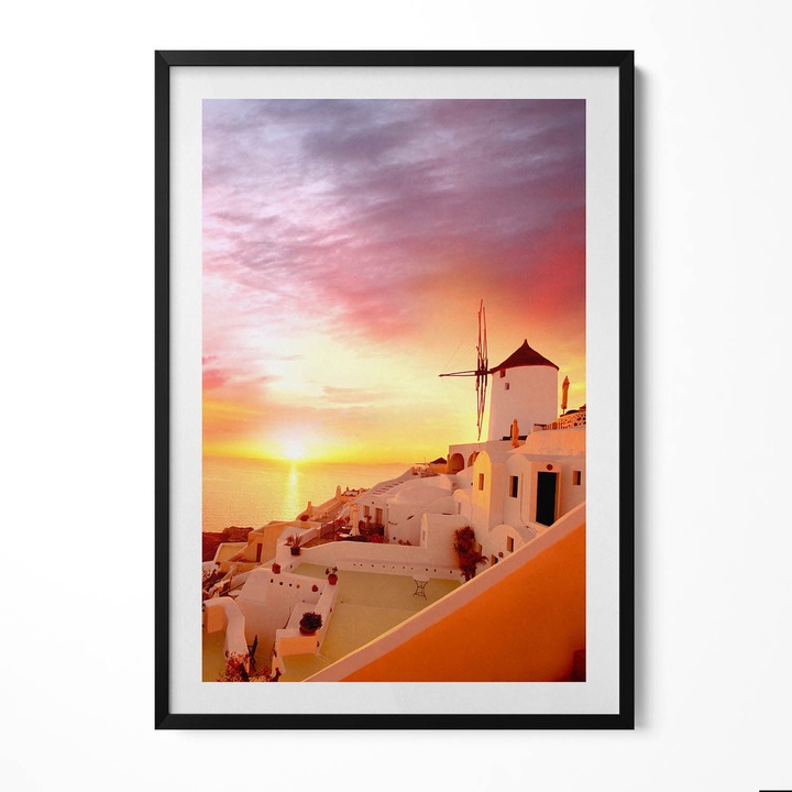 Tablou Inramat, Wallfluent, Santorini cu o veche moara de vant, Rama negru, 70x100 cm, 010330010150200280031