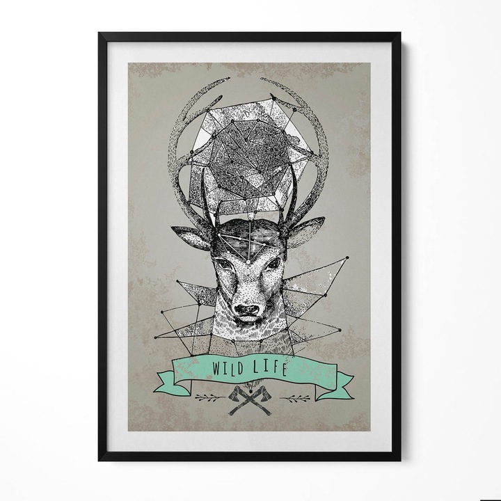 Tablou Inramat, Wallfluent, Cap de cerb, Rama negru, 70x100 cm, 010330010150200280181