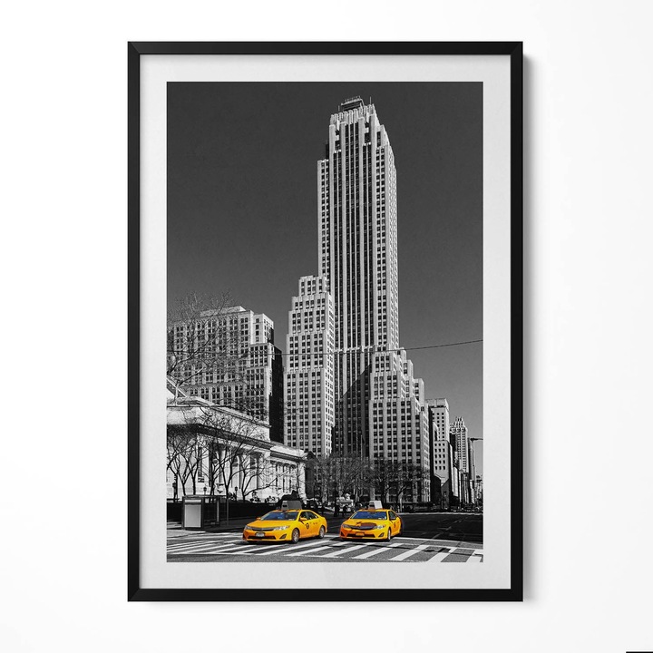 Tablou Inramat, Wallfluent, Oras alb-negru si taxiuri galbene, Rama negru, 70x100 cm, 010330010150200280601