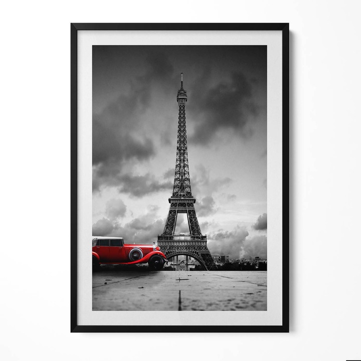 Tablou Inramat, Wallfluent, Turnul Eiffel si masina rosie, Rama negru, 70x100 cm, 010330010150200279851