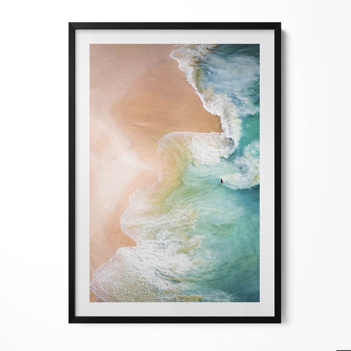 Tablou Inramat, Wallfluent, Valurile marii si plaja din vedere de ochi de pasare, Rama negru, 70x100 cm, 010330010150200280710