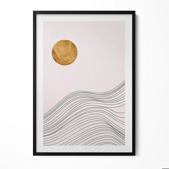 Tablou Inramat, Wallfluent, Forme minimaliste abstracte boho cu auriu, Rama negru, 70x100 cm, 010330010150200280764