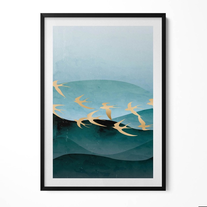 Tablou Inramat, Wallfluent, Ilustratie cu pasari de aur pe cer, Rama negru, 70x100 cm, 010330010150200280804