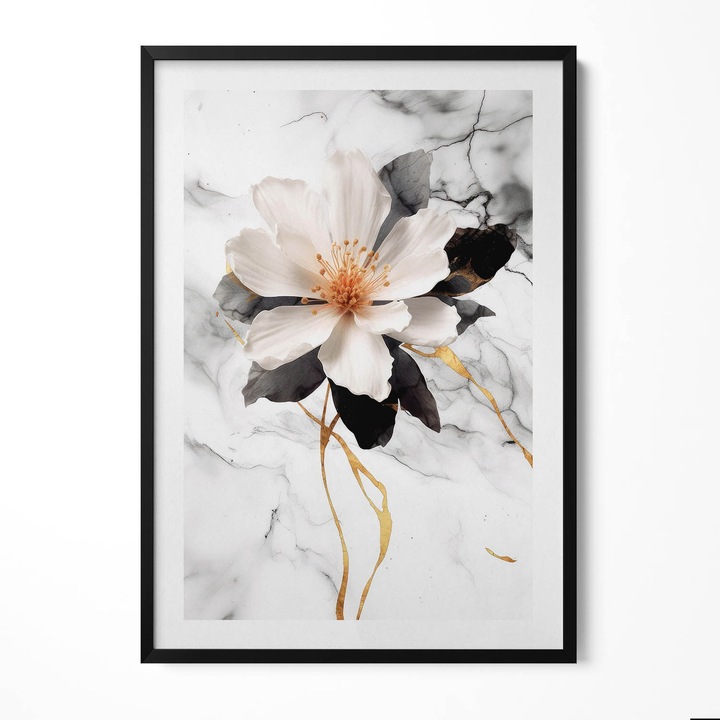 Tablou Inramat, Wallfluent, Compozitie de marmura cu flori, Rama negru, 70x100 cm, 010330010150200280895