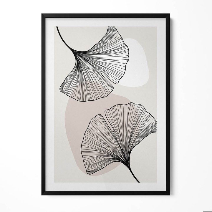 Tablou Inramat, Wallfluent, Frunze liniare de ginkgo in stil boho, Rama negru, 70x100 cm, 010330010150200280860