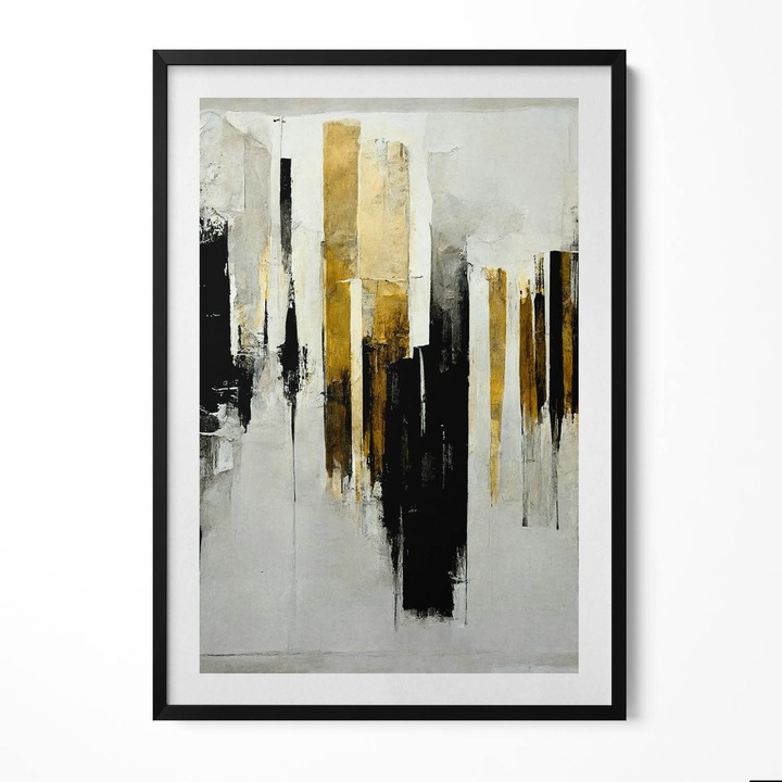 Tablou Inramat, Wallfluent, Arta abstracta cu aur, Rama negru, 70x100 cm, 010330010150200280835