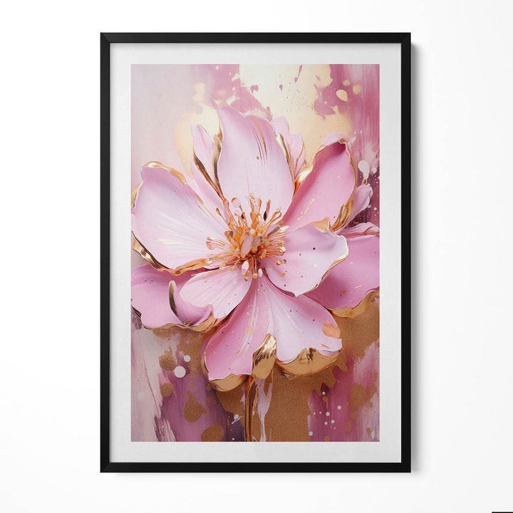 Tablou Inramat, Wallfluent, Floare pictata romantica in aur, Rama negru, 70x100 cm, 010330010150200280893