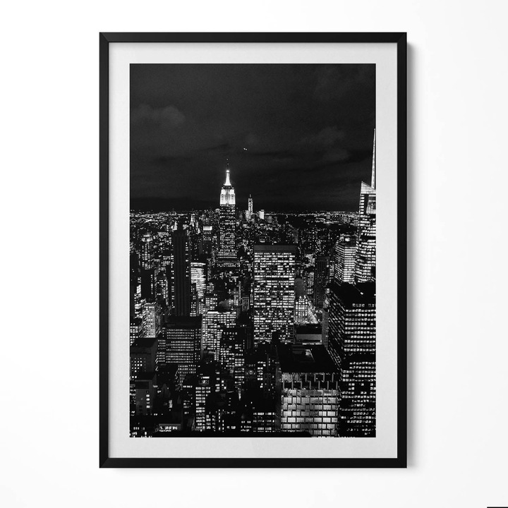 Tablou Inramat, Wallfluent, Peisaj urban alb-negru noaptea, Rama negru, 70x100 cm, 010330010150200281084