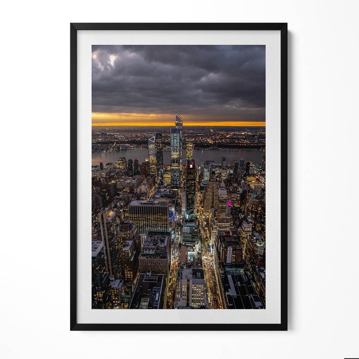 Tablou Inramat, Wallfluent, Arhitectura orasului din vedere de ochi de pasare noaptea, Rama negru, 70x100 cm, 010330010150200281274