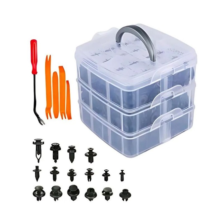 Set cleme auto si extractoare, Cribeau, 625 cleme universale, 16 tipuri, 18 marimi, cutie de organizare cu maner