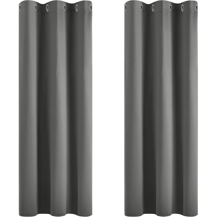 Set de 2 perdele Deconovo blackout cu inele, perdele opace termoizolante, pentru living, 140 x 260 cm, gri inchis