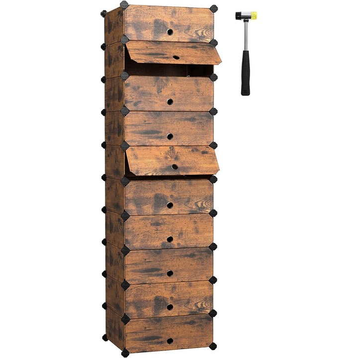 Модулен шкаф за обувки с 10 отделения, Vasagle, 43x31x173 см / 83x31x88 см, 10 кг/рафт, кафяв