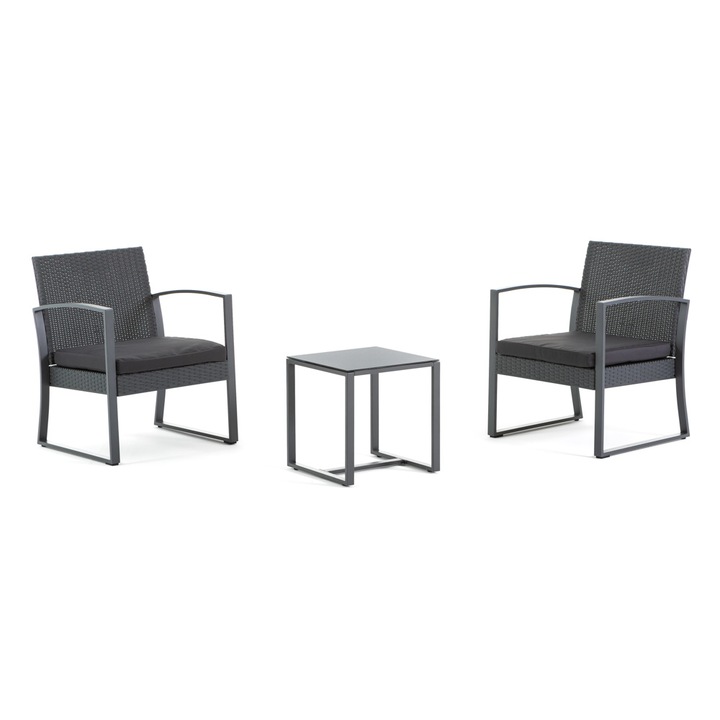 Set balcon / terasa OLBIA BALCONY, masa 40x40x41,5 cm si 2 fotolii 59x58x74 cm, metal si rasina efect ratan, Antracit, perne incluse, 2 locuri