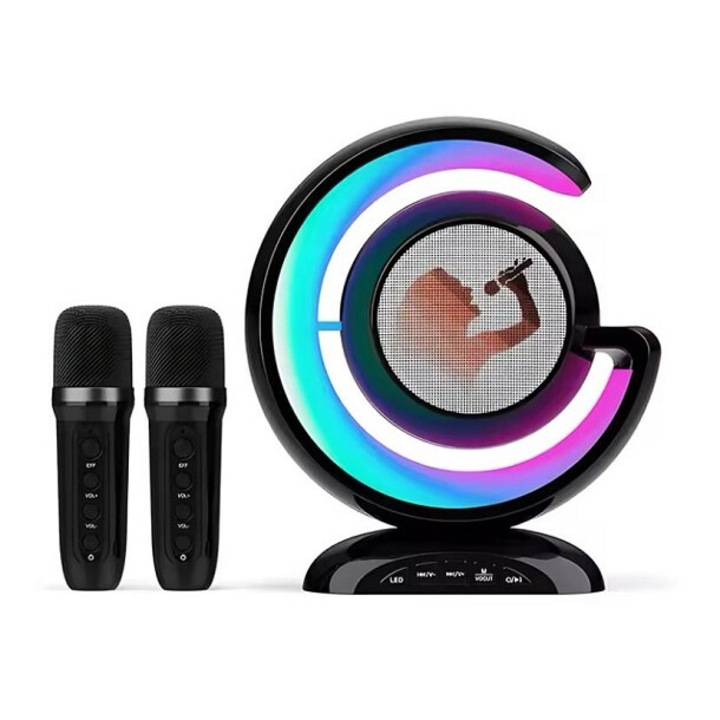 Statie Smart microfon si boxa Wireless pentru Karaoke cu lumina RGB Led, copii / adulti, kit 2 in 1, conectare la telefon, bluetooth, slot card, negru, Miromoto®