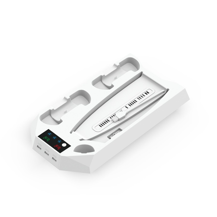 Suport de racire pentru consola PS5, port tip C, incarcare controler dual, reglare vant cu 3 viteze, 20x35x4cm, lumina LED, alb