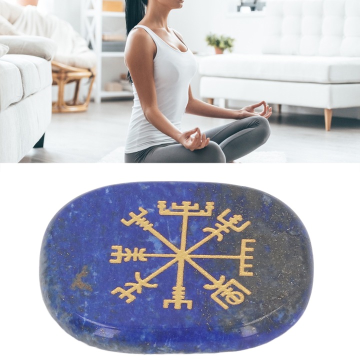 Gyógyító kristálykő északi szimbólumokkal, Jormftte, csakratisztításhoz, kékarany, ovális kőkészlet