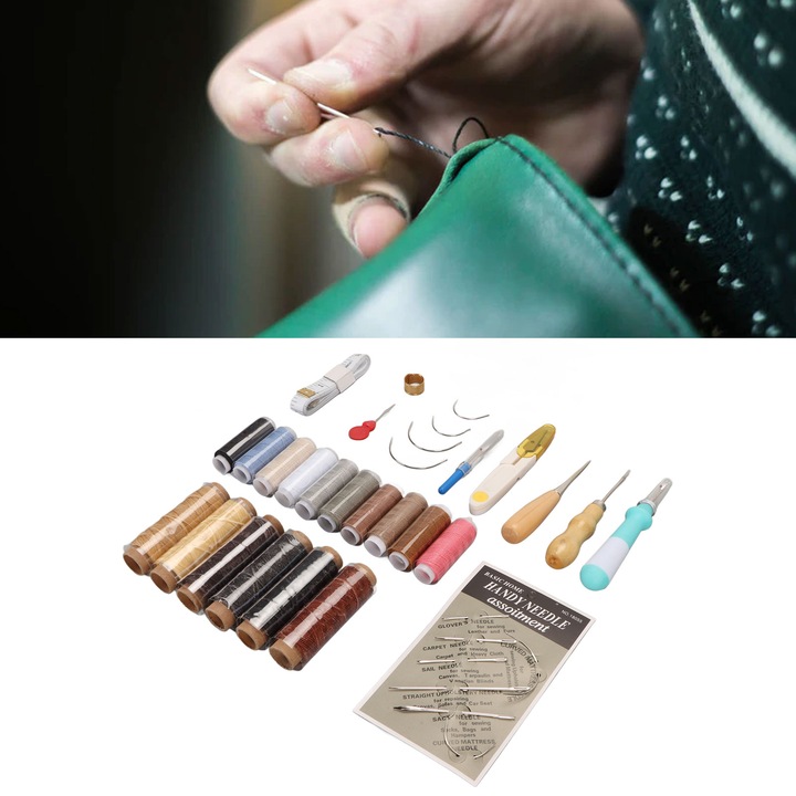 Bőrvarró szerszámkészlet, Jormftte, 16 színű viaszos cérna, 11 varrótű, különféle kiegészítők
