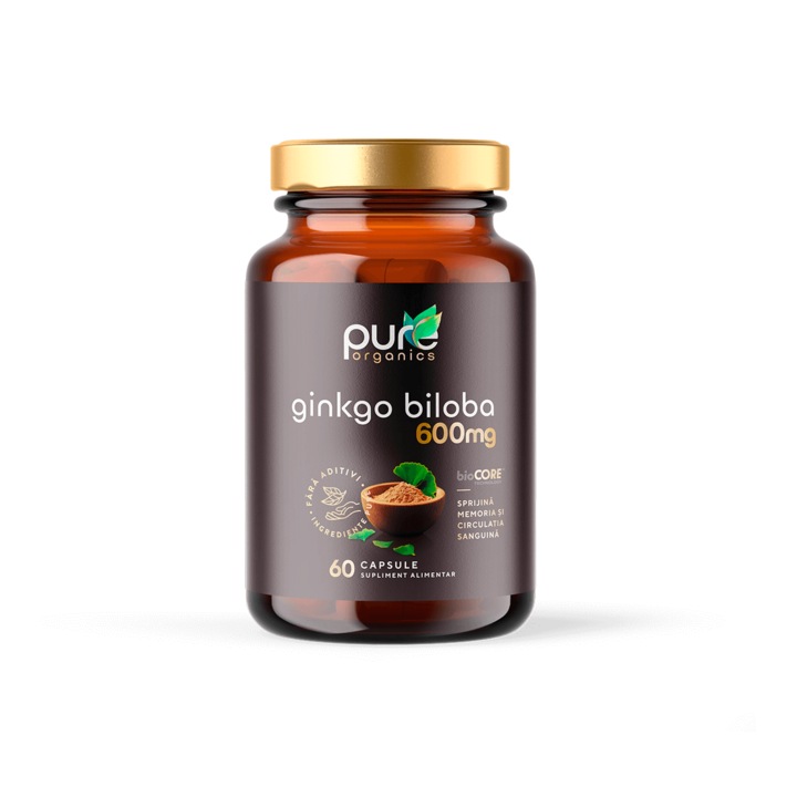 PureOrganics Ginkgo Biloba 600 mg - Suport pentru Memorie si Circulatie Cerebrala, 60 capsule, Organic, Fara aditivi, bioCORE 4x Absorbtie