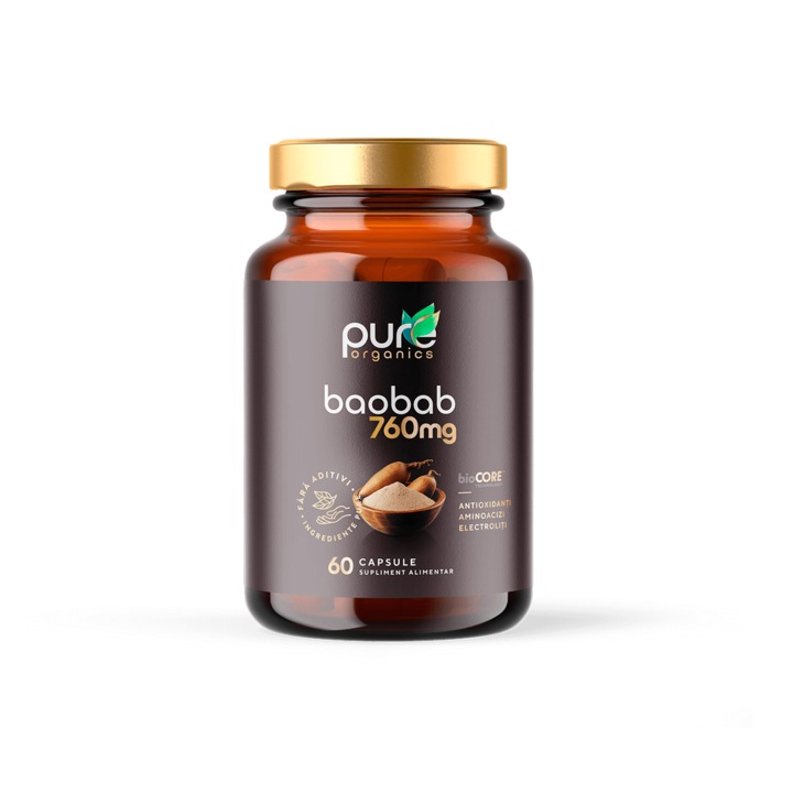 PureOrganics Baobab 760 mg - Energie Naturala si Sustinere Nutritionala, 60 capsule, Organic, Fara aditivi, bioCORE 4x Absorbtie