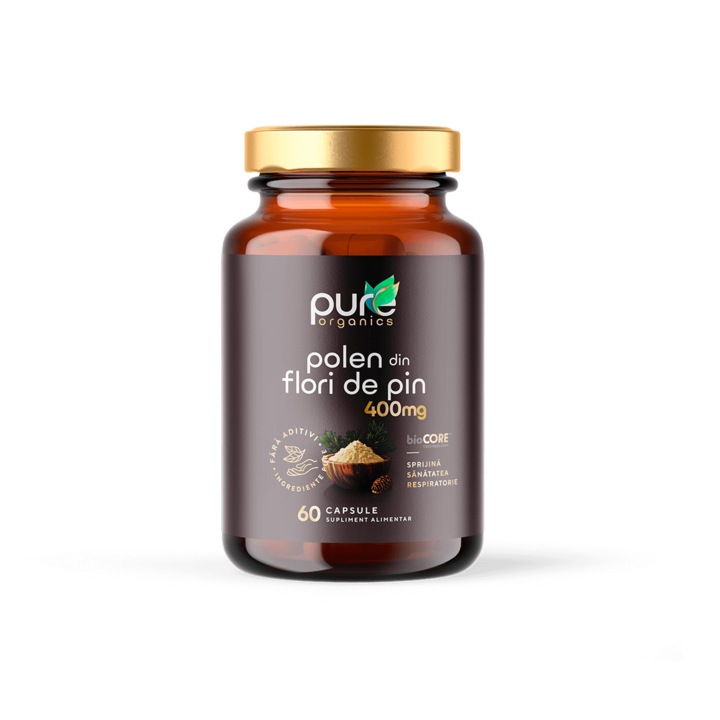 PureOrganics Polen din Flori de Pin 400 mg - Vitalitate si Suport pentru Imunitate, 60 capsule, Organic, Fara aditivi, bioCORE 4x Absorbtie
