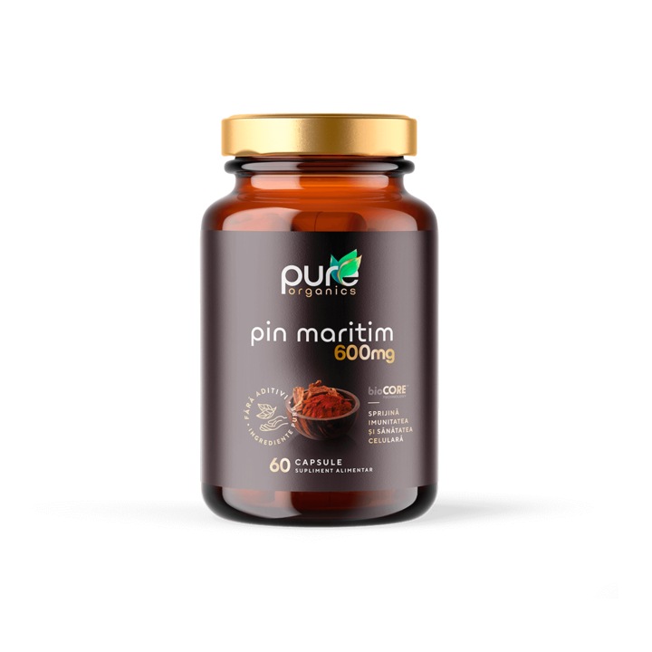 PureOrganics Pin Maritim 600 mg - Suport pentru Circulatie si Tinerete Celulara, 60 capsule, Organic, Fara aditivi, bioCORE 4x Absorbtie