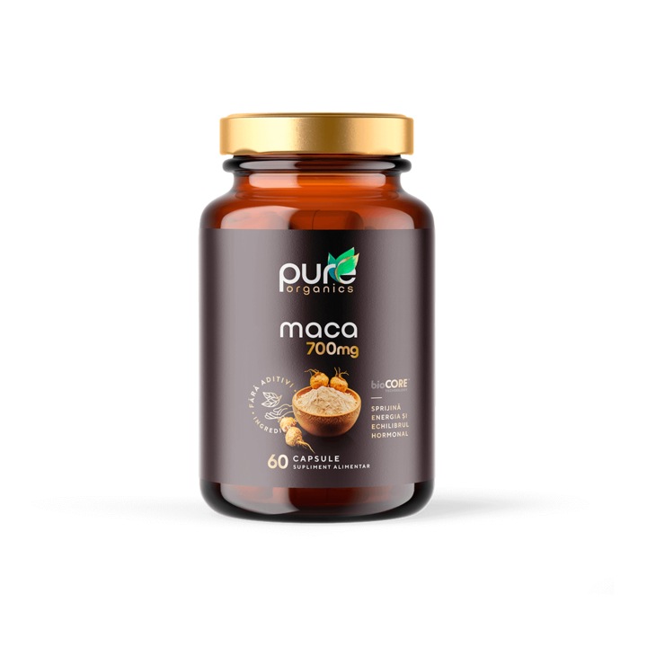 PureOrganics Maca 700 mg - Energie, Vitalitate si Echilibru Hormonal, 60 capsule, Organic, Fara aditivi, bioCORE 4x Absorbtie