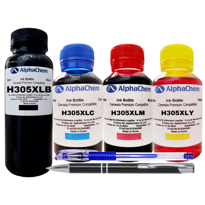 Set Flacon Cerneala AlphaChem Compatibil HP305XL, 1x250ml 3YM62AE Negru, 1x100ml 3YM63AE Cyan, 1x100ml 3YM63AE Magenta, 1x100ml 3YM63AE Galben, Pix CNX201 si Pix CNX226