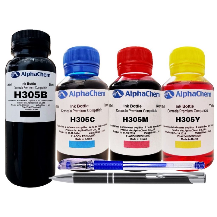Set Flacon Cerneala AlphaChem Compatibil HP305, 1x250ml 3YM61AE Negru, 1x100ml 3YM60AE Cyan, 1x100ml 3YM60AE Magenta, 1x100ml 3YM60AE Galben, Pix CNX201 si Pix CNX226
