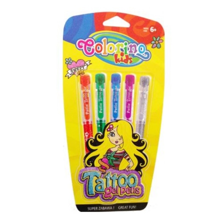 Цветни маркери за татуировки Colorino Kids, С брокат, 5 цвята