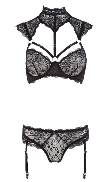 Szexi fehérnemű szett, Cottelli, melltartó virágos csipkével, állítható pántokkal, fekete, poliamid/elasztán, L INTL