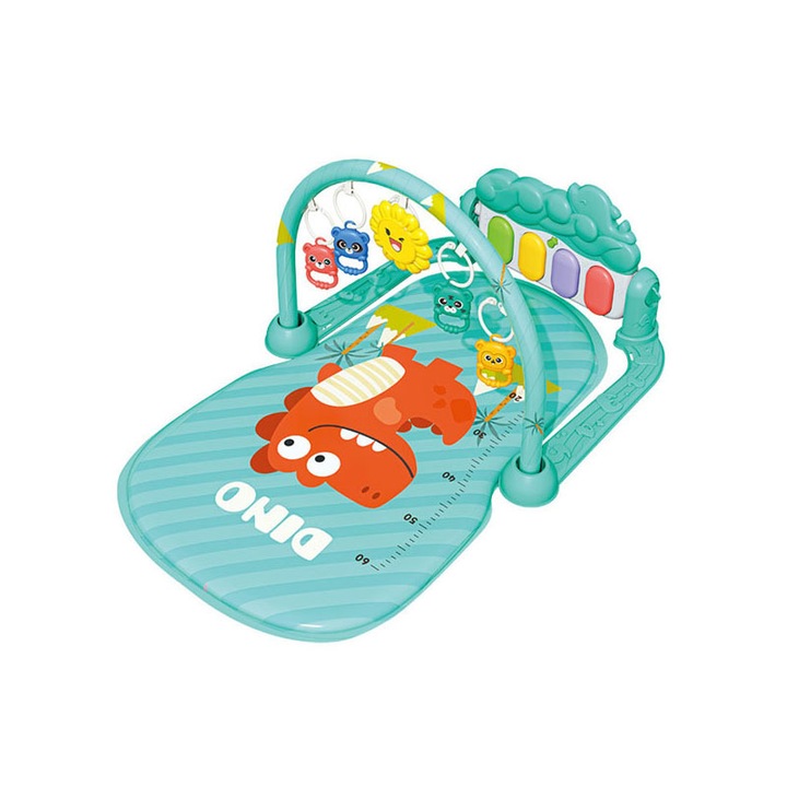 Saltea de joaca pentru bebelusi cu tema dinozaur, cu pian si 5 pandantive, verde, 0-1 ani