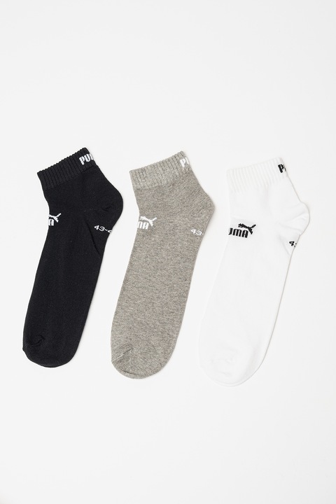 Puma, Set de sosete scurte unisex din amestec de bumbac cu logo - 3 perechi, Alb/Negru/Gri melange