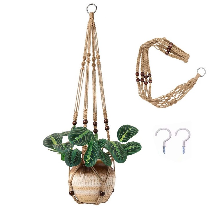 Suport ghiveci suspendat din macrame, 41 inch, culoare maro, fara ciucuri, set pentru decorare interioara si exterioara