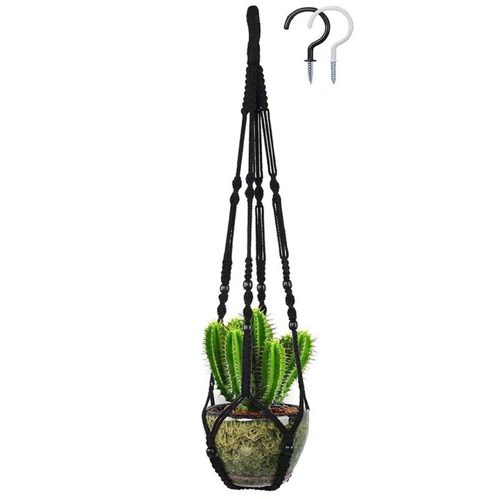 Suport ghiveci suspendat din macrame, handmade, culoare neagra, 41 inch, pentru ghivece de maxim 12 inch, set de 1 bucata