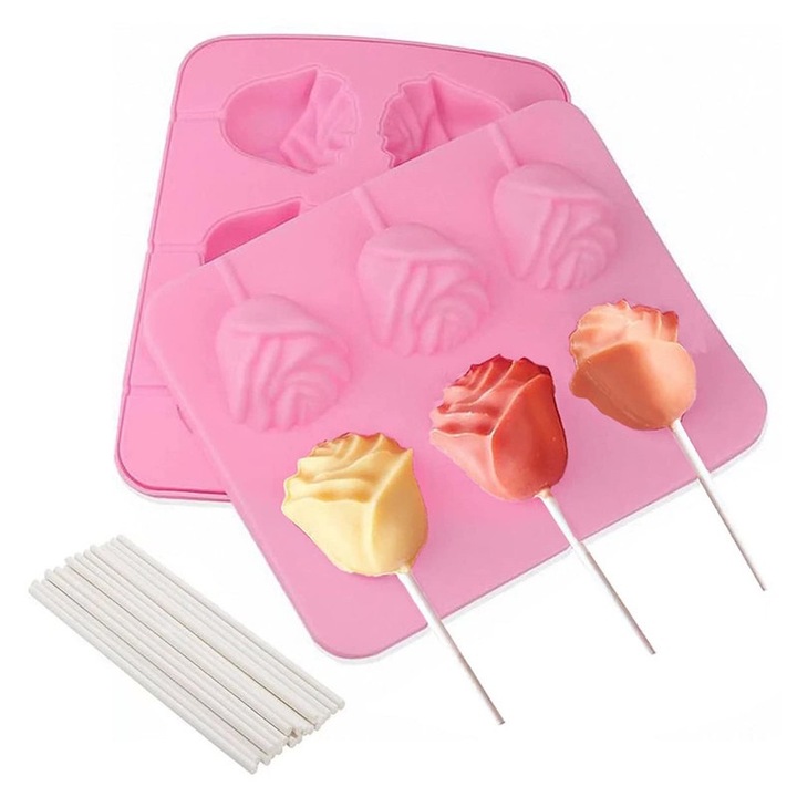 Set 2 Forme prajituri 3D din silicon pentru lollipop, roz, 19x15.5x2.5cm