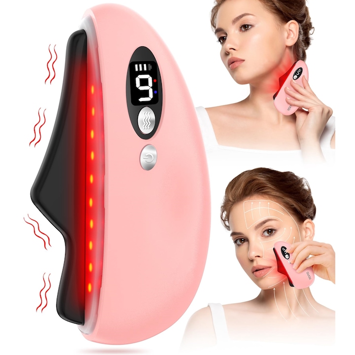 Електрически масажор Gua Sha, SHIJOOE®, функция за изстъргване, Gua Sha с вибрации и топлина, против бръчки, лифтинг, премахване на токсините, облекчаване на умората, акупунктурен, лимфен дренаж, акумулаторен, LCD дисплей, акумулаторен, преносим, розов