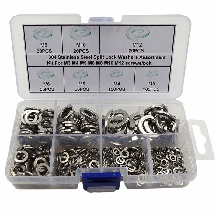 Set 370 Piese Spire de Blocare M3-M12, Otel Inoxidabil 304, Rezistent la Coroziune, Argintiu