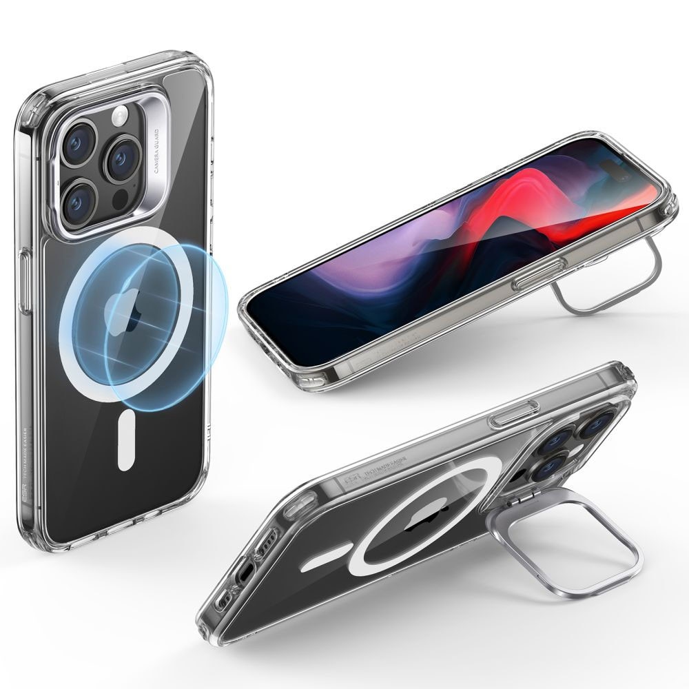 Husa de protectie MagSafe Anti-soc pentru Apple iPhone 15 Pro Max, Policarbonat, Kickstand, Acrylic Back, TPU, Optim Solution, Clear