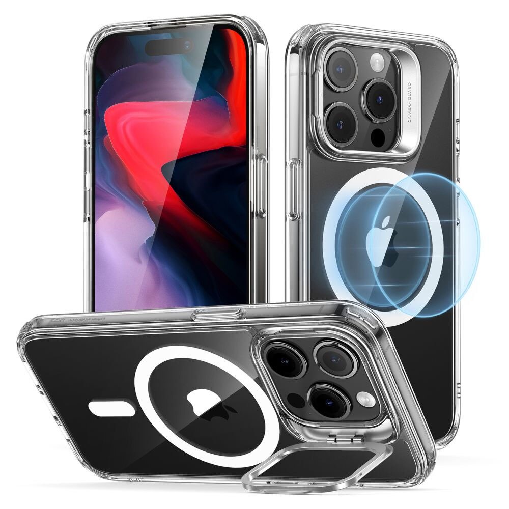 Husa de protectie MagSafe Anti-soc pentru Apple iPhone 15 Pro Max, Policarbonat, Kickstand, Acrylic Back, TPU, Optim Solution, Clear