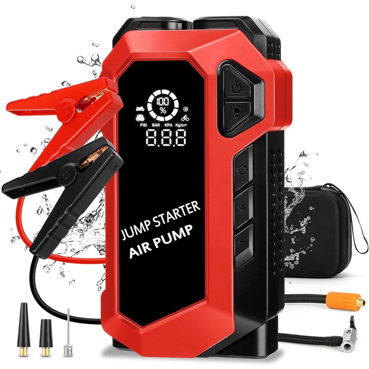 GOSTOCK 2 az 1-ben autóindító és légkompresszor, 10 literes benzines vagy 8 literes dízelmotorhoz, Maximális áramerősség 4000 A, Kapacitás 20 000 mAh, 3 LED-es világítási mód, Powerbank funkció, Hordozható, LCD kijelző, intelligens fogó, élénkpiros/fekete