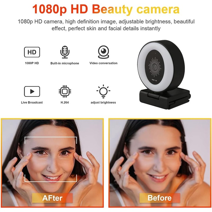 Excitat FULL 1080P HD уеб камера, 3 вида светлина, двуканален микрофон с намаляване на шума и висока чувствителност, 360° въртене, статив, регулируема яркост, широка съвместимост, черен цвят