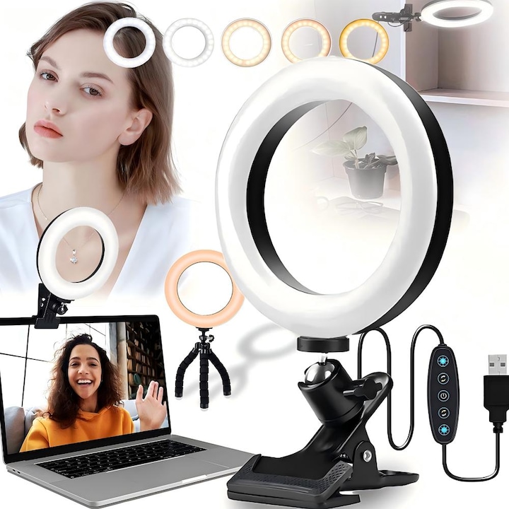 Lampa Circulara Ring Light, Excitat®, Cu 5 culori ajustabile si 5 niveluri de luminozitate, Photo, Video si MakeUp, Trepied, clema, conectare USB, Potrivit pentru conferinte video, munca la distanta, auto-streaming si live streaming, 15cm, Negru