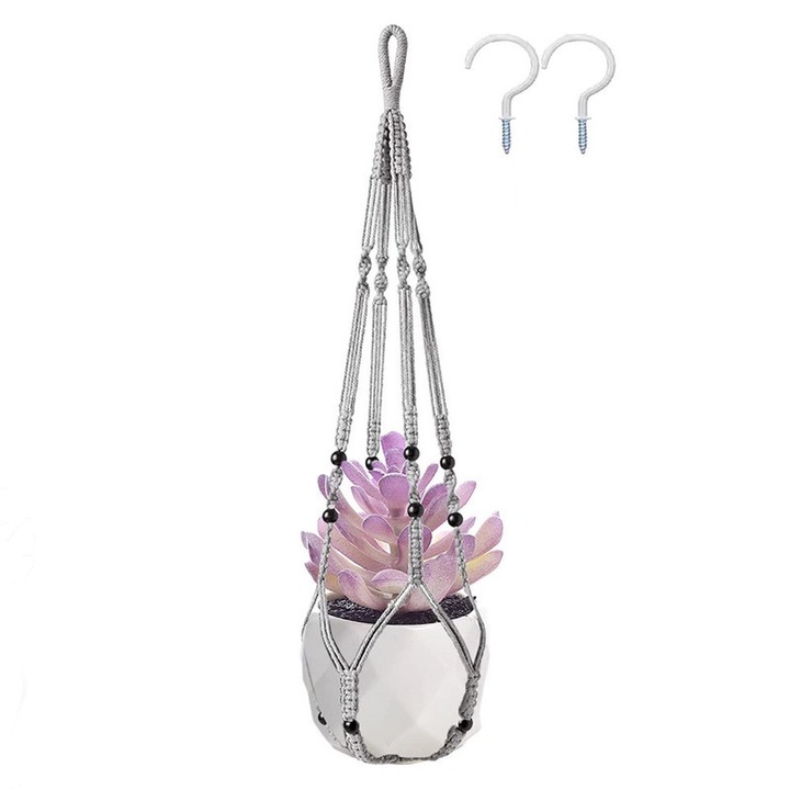 Suport ghiveci suspendat din macrame, 4 picioare, culoare gri, 35 inch