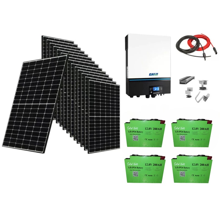 Sistem solar off grid kit complet 8 KW instalat panouri fotovoltaice 8000W, cu baterii litiu 200Ah si invertor HIBRID EASUN SMW de 8 KW continuu/16 KW varf pe 48V, panou solar, casa, cabana, containere, Solid Volt