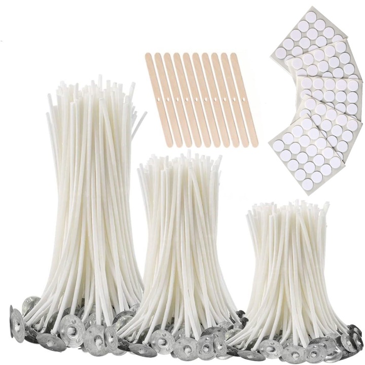 Комплект фитил за изработка на памучни свещи, SINBINTA, Комплект фитил за свещи, Восъчен текстил, Бездимен, Със стикери, С фиксатор, Чист и нетоксичен, За изработка на стълбови свещи и свещи, 25/15/9 см, Бял