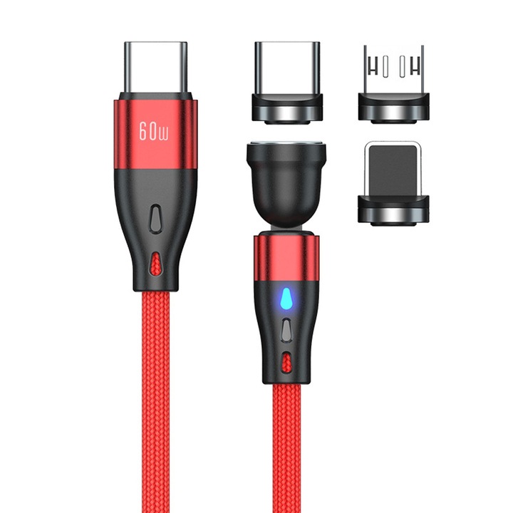 USB-C-C-típusú kábel, 3 az 1-ben gyorstöltés és adatkábel, Hggzeg, USB-C-C típusú/mikro-/Apple kábel, LED jelzőfénnyel, erős mágneses, 540°-ban elforgatható kialakítás, 480 Mbps, univerzális kompatibilitás, fém, 1 m, piros